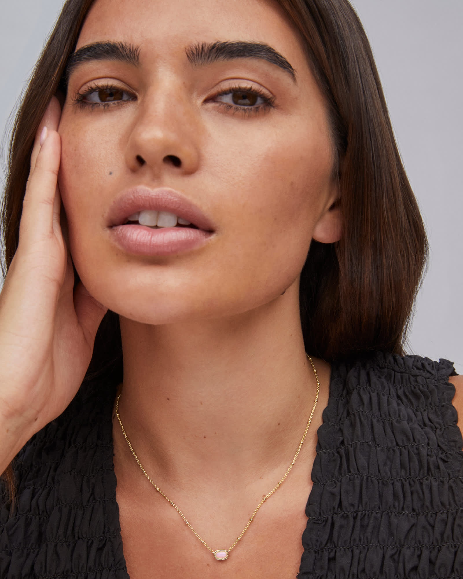 Mini Elisa Gold Satellite Short Pendant Necklace in Pink Opalite Crystal hover